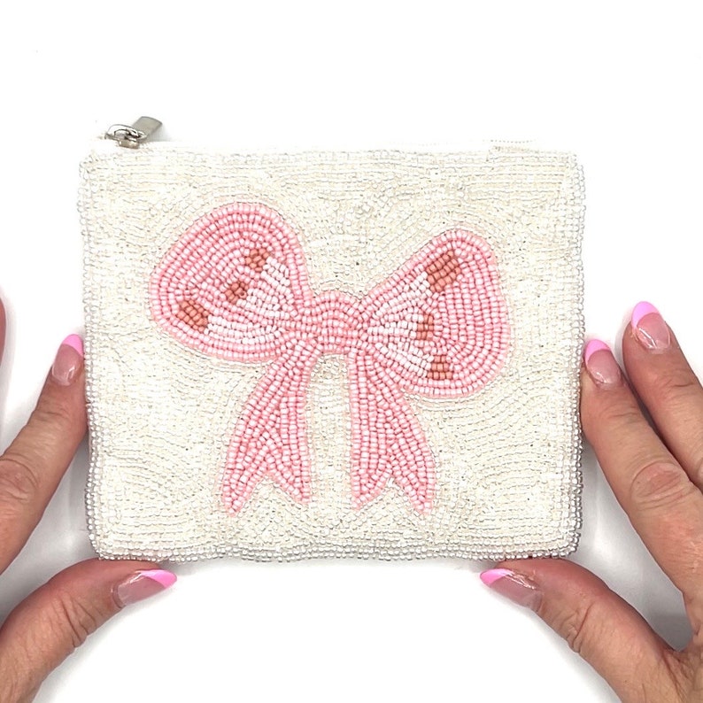 Preppy Coin Purse White Bow Beaded Coin Pouch Wallet Zipper Change Bag image 8