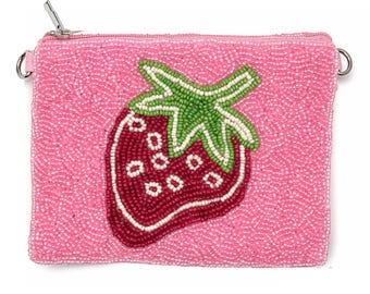 Beaded Strawberry Coin Purse, Pink Zipper Pouch, Summer Bag Accessory