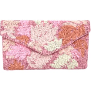 Pink Floral Beaded Clutch Purse Pink Purse Clutch Spring Clutch for Summer Pink Crossbody Purse, Pink Bag, Pink Clutch