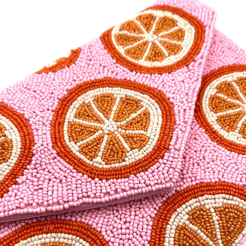 Citrus Beaded Clutch Beaded Purse Vibrant Orange Slice Design on Pink Handcrafted Evening Bag image 2