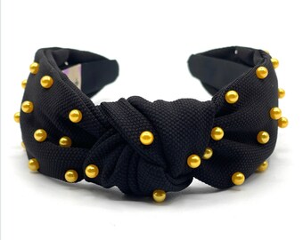 Black Knotted Headbands with Gold Studded Pearls Headbands Women & Girls