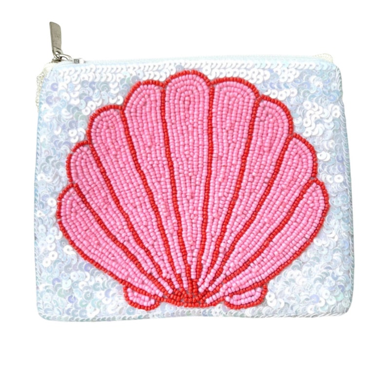 Summer Coin Purse Beaded Wallet Zipper Pouch Summer Beach Bag Accessories for Women and Girls Pink Shell