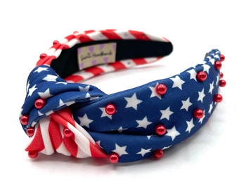 Patriotic Pearl Knot Headband Women American Flag Headband, Padded Headband, Red, White & Blue Headband, Pearl Headband, Patriotic Gifts