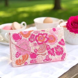 Pink Floral Beaded Bag  Summer Purse Clutch, Pink Beaded Purse Pink Vacation Accessories