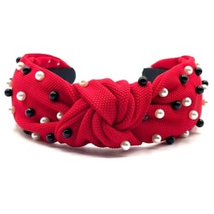 Red Knotted Headband: Pearl Studded Gameday Accessory