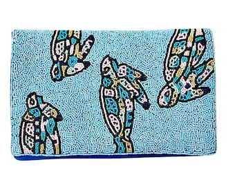 Schildkröte Perlen Clutch Geldbörse, handgefertigte Schildkröte Perlen Tasche, Urlaubs Abendtasche mit Silber Kette