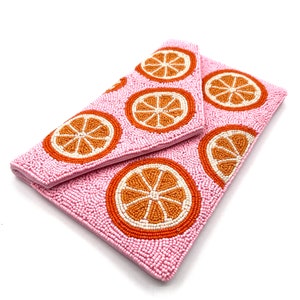 Citrus Beaded Clutch Beaded Purse Vibrant Orange Slice Design on Pink Handcrafted Evening Bag image 8