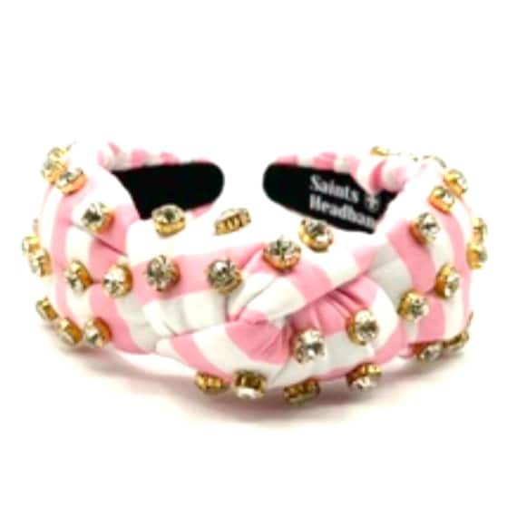 Pink Striped Knotted Headband: Rhinestone Glam Hair 