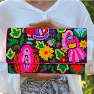 Cinco de Mayo Purse Clutch Tropical Floral Beaded Clutch Mexico Beaded Bag Purse Crossbody Bag Vacation Purse