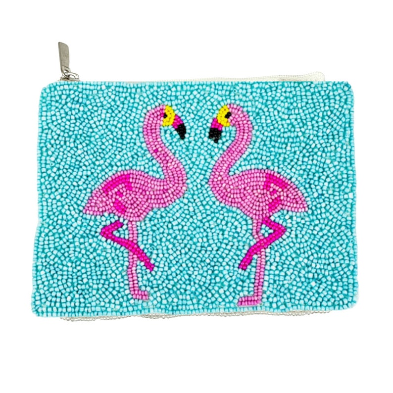 Summer Coin Purse Beaded Wallet Zipper Pouch Summer Beach Bag Accessories for Women and Girls Flamingos