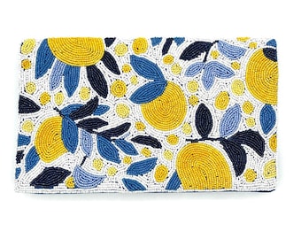 Perlenbesetzte Zitronen-Clutch, blaue Perlenhandtasche mit Blumenmuster, sommerliche Handtasche im Küstenstil, perlenbesetzte Umhängetasche mit Zitronenmotiv