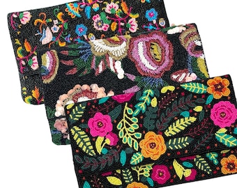 黒のフローラルビーズクラッチ、手刺繍ビーズのクロスボディバッグ、フラワーイブニングバッグ