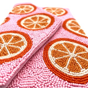 Citrus Beaded Clutch Beaded Purse Vibrant Orange Slice Design on Pink Handcrafted Evening Bag image 7