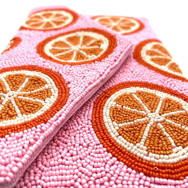 Citrus Beaded Clutch Beaded Purse Vibrant Orange Slice Design on Pink Handcrafted Evening Bag image 7