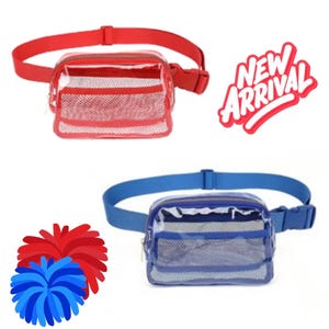 May include: Two waist bags, one red and one blue, featuring clear plastic construction with a front mesh pocket and an adjustable strap with a buckle. The text NEW ARRIVAL is displayed in red, and there are red and blue pom-poms in the corner.