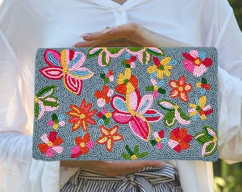 Handcrafted Floral Beaded Clutch, Vibrant Beaded Purse Handbag