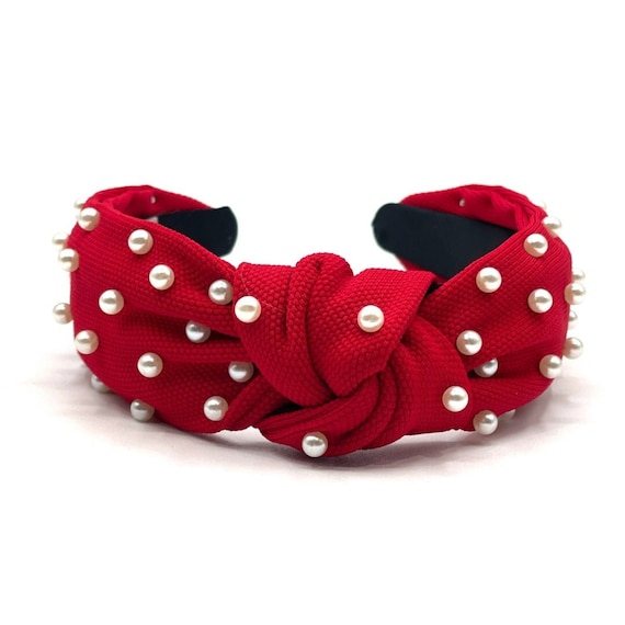 Red Knotted Headband: Beaded Pearl Hair Accessory - Etsy display picture 1