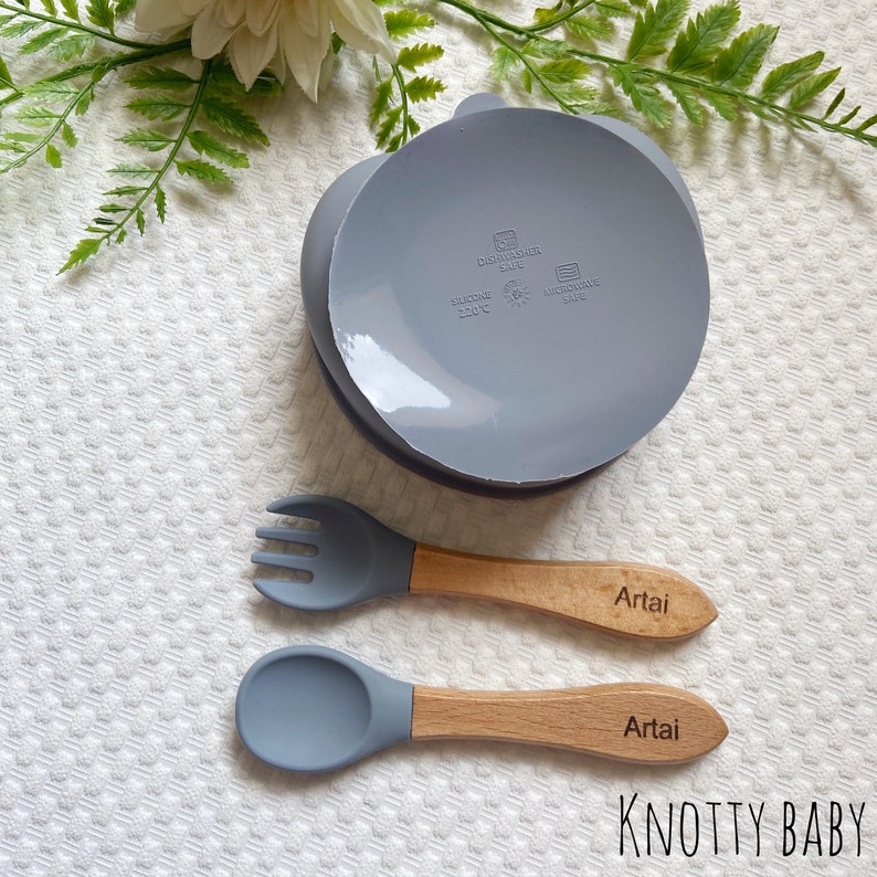 Silicone Heart Baby Bowl and Engraved Spoon Set, Baby Feeding, Baby Weaning, Personalised Cutlery Wooden Handle, Easter gift image 6