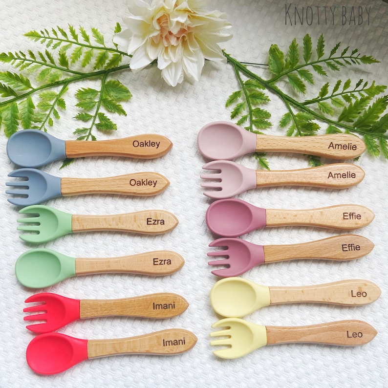 Personalised silicone cutlery set, baby cutlery, fork and spoon set, baby gift, new baby,1st birthday, christening gift,baby stocking filler Dark Pink