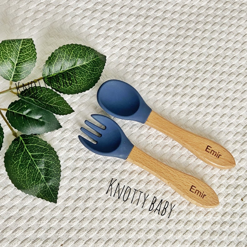 Personalised silicone cutlery set, baby cutlery, fork and spoon set, baby gift, new baby,1st birthday, christening gift,baby stocking filler Navy Blue