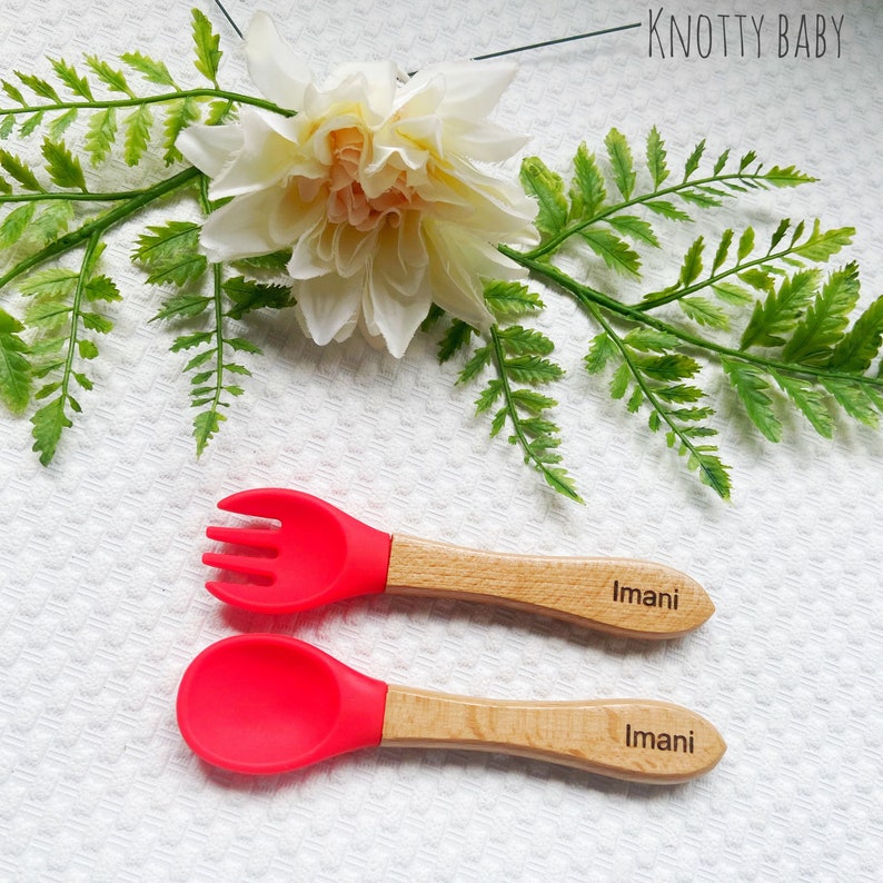 Personalised silicone cutlery set, baby cutlery, fork and spoon set, baby gift, new baby,1st birthday, christening gift,baby stocking filler Red