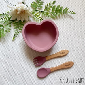 Silicone Heart Baby Bowl and Engraved Spoon Set, Baby Feeding, Baby Weaning, Personalised Cutlery Wooden Handle, Easter gift image 2