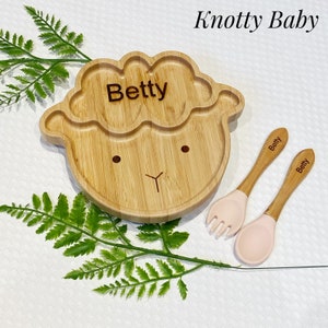Pink Personalised Laser Engraved Bamboo Sheep Baby Feeding Plate Set With Silicone Suction, Spoon and Fork, Gift, Training Plate, Easter