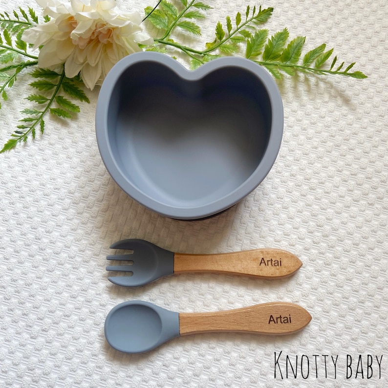 Silicone Heart Baby Bowl and Engraved Spoon Set, Baby Feeding, Baby Weaning, Personalised Cutlery Wooden Handle, Easter gift image 4