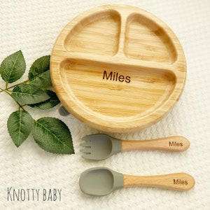 Grey Personalised Bamboo Baby Feeding Plate Set With Silicone Suction, Spoon and Fork, Gift, easter gift, new baby, christening gift