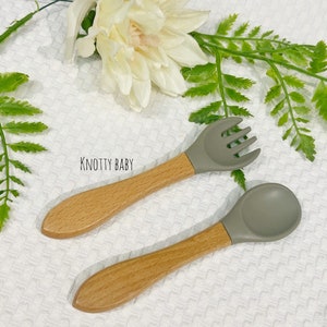 Personalised silicone cutlery set, baby cutlery, fork and spoon set, baby gift, new baby,1st birthday, christening gift,baby stocking filler Grey Green