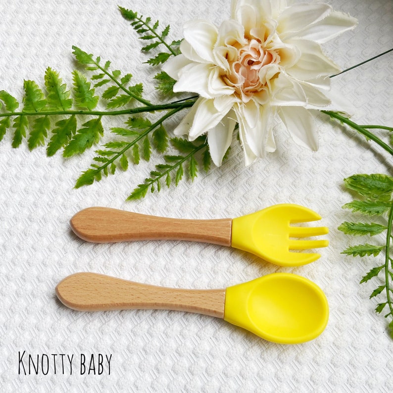 Personalised silicone cutlery set, baby cutlery, fork and spoon set, baby gift, new baby,1st birthday, christening gift,baby stocking filler Bright Yellow