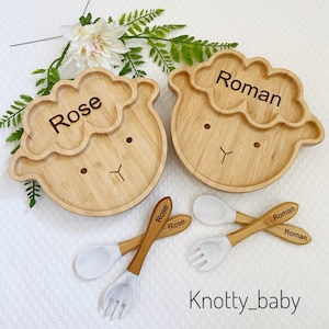 Marble White Personalised Bamboo Sheep Baby Feeding Plate Set With Silicone Suction, Spoon and Fork, Gift, Training Plate, Easter gift ideas
