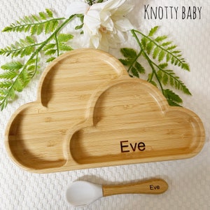 Marble White Personalised Laser Engraved Bamboo Cloud Baby Feeding Plate Set With Silicone Suction, Spoon, Gift, Training Plate, Easter gift
