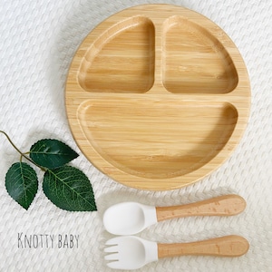 White Personalised Bamboo Baby Feeding Plate Set With Silicone Suction, Spoon and Fork, Gift, Training Plate, new baby, christening gift