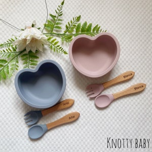 Silicone Heart Baby Bowl and Engraved Spoon Set, Baby Feeding, Baby Weaning, Personalised Cutlery Wooden Handle, Easter gift image 1