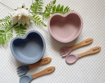 Silicone Heart Baby Bowl and Engraved Spoon Set, Baby Feeding, Baby Weaning, Personalised Cutlery; Wooden Handle, Easter gift