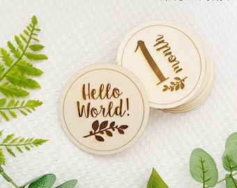 Può includere: Due dischi di legno per i traguardi del bambino. Un disco dice "Hello World!" con un piccolo disegno di ramo con foglie. L'altro disco ha il numero "1" e la parola "mese" con un disegno di ramo con foglie.