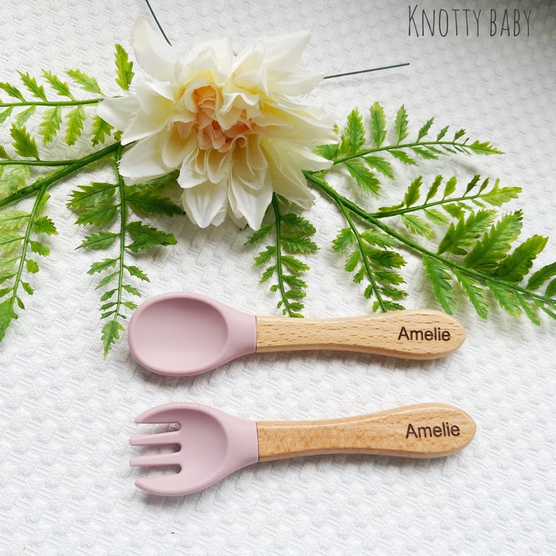 Personalised silicone cutlery set, baby cutlery, fork and spoon set, baby gift, new baby,1st birthday, christening gift,baby stocking filler Pink