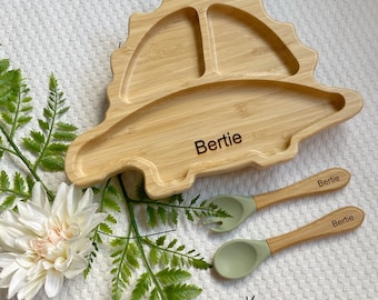 Personalised Laser Engraved Bamboo Dinosaur Baby Feeding Plate Set With Silicone Suction, Spoon, Easter gift, first birthday, christening