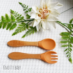 Personalised silicone cutlery set, baby cutlery, fork and spoon set, baby gift, new baby,1st birthday, christening gift,baby stocking filler Orange