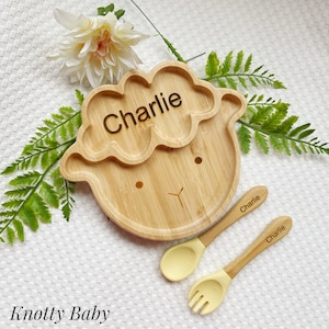 Yellow Lemon Personalised Laser Engraved Bamboo Sheep Baby Feeding Plate Set With Silicone Suction, Spoon and Fork, Gift, easter
