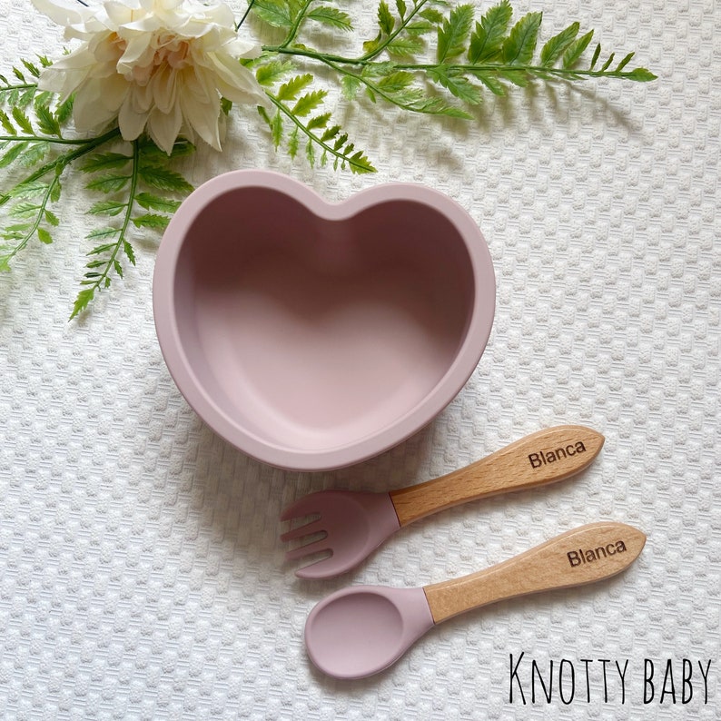 Silicone Heart Baby Bowl and Engraved Spoon Set, Baby Feeding, Baby Weaning, Personalised Cutlery Wooden Handle, Easter gift image 3