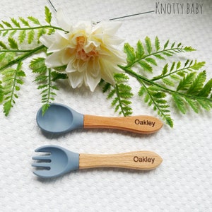 Personalised silicone cutlery set, baby cutlery, fork and spoon set, baby gift, new baby,1st birthday, christening gift,baby stocking filler Blue