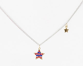 American Flag Flash Gold Plating Star Stripe Crystal Sterling Silver Necklace