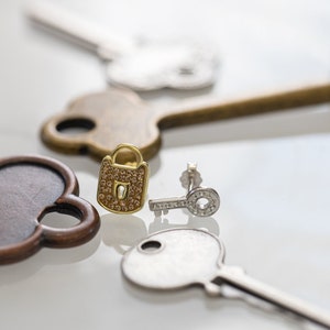 Lock And Key Crystal Silver Stud Earrings, Lock And Key Earrings, Lock And Key Silver Earrings, Gift For Her