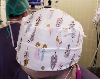 midwife cap, Nurse cap with drawing of feathers, elastic cap, women scrub cap, nurse cap, surgical cap, feathers cap, feathers hat, OR cap