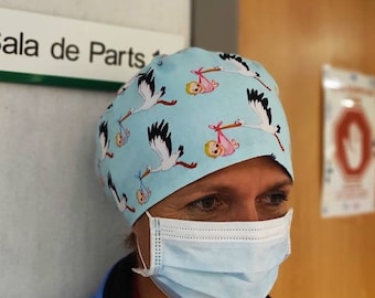 Gorro de matrona, gorro quirofano de nacimiento, gorro quirofano de cigüeñas y bebe, gorro de enfermera