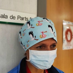 Gorro de matrona, gorro quirofano de nacimiento, gorro quirofano de cigüeñas y bebe, gorro de enfermera