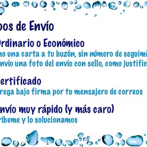 May include: A white background with blue water droplets around the border. The text reads: "Tipos de Env&iacute;o + Ordinario o Econ&oacute;mico Como una carta a tu buz&oacute;n, sin n&uacute;mero de seguimiento Te env&iacute;o una foto del env&iacute;o con sello, como justificante + Certificado Entrega bajo firma por tu mensajero de correos + Env&iacute;o muy r&aacute;pido (y m&aacute;s caro) Escr&iacute;beme y lo solucionamos"