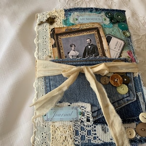 Handmade Vintage Style Junk Journal, Eclectic Diary, Memory Keeper, Beautiful Denim and Lace Cover